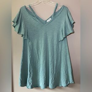 Umgee Burnout Cold Shoulder Flutter Sleeve Sage Tunic Top Ladies Small